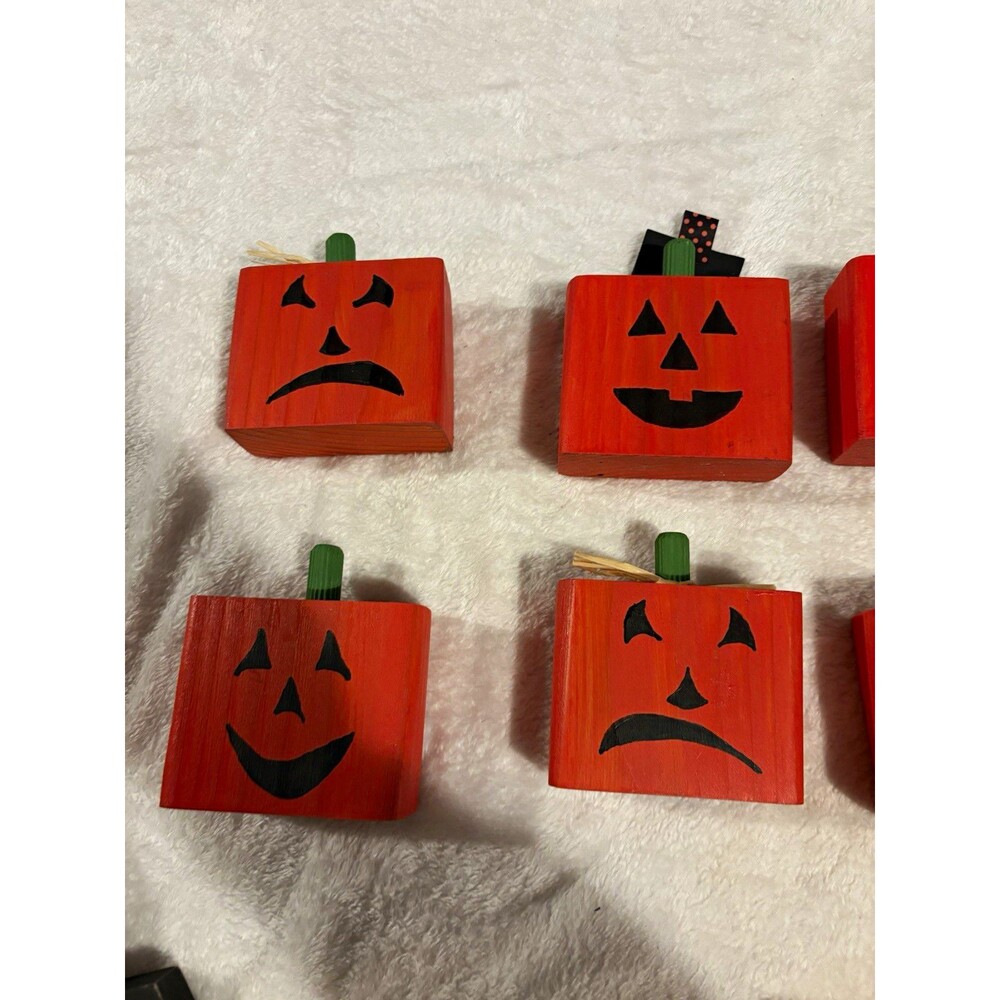 Wood Halloween Jack-O-Lantern Pumpkin Block Figurines Set – Freestanding Decor